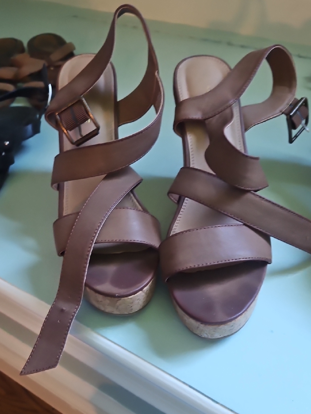 Rampage Brown Strappy Cork Wedge Sandals